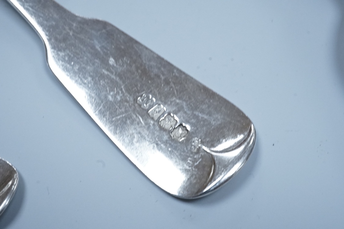 A quantity of assorted mainly 18th and 19th century silver flatware, various patterns, dates and makers, mainly teaspoons but including a pair of George III Old English pattern table spoons, by Hester Bateman, London, 17